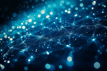 Fototapete - Glowing particles and data lines intersect within a three-dimensional grid, forming a dynamic digital network in a deep blue space