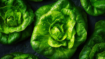 Close-Up of Fresh Butterhead Lettuce with Droplets, Dark Background, Organic Green Leaves, Healthy Salad Ingredient for Nutrition and Cooking