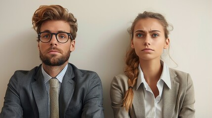 Sticker - Two young professionals, man and a woman, sitting far apart in business attire, deep in thoughts, looking confused on a neutral background. Generative AI.