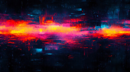 Poster - Vivid Neon Glitch Texture with Abstract Digital Distortion, Bright Colors on Dark Background, Futuristic Cyberpunk Art, Perfect for Tech Projects and Modern Design Themes