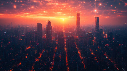 Poster - Sunset Cityscape with Digital Network Connectivity, High-Rise Buildings, Urban Landscape, Evening Sky, Glowing Technology, Modern Metropolis, Future Connectivity Concept