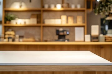 Poster - A clean white table is positioned in the foreground of a warm café, while a wooden counter and softly blurred elements create a relaxing atmosphere