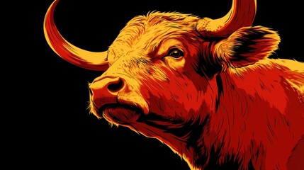 Sticker - Bold Portrait of a Dramatic Bull on Black Background