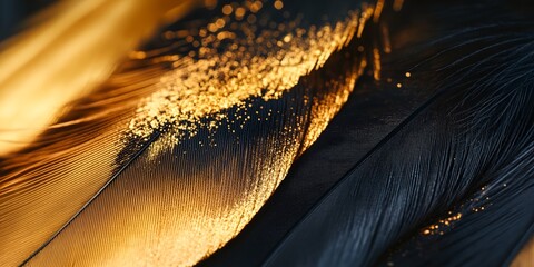 Poster - A close up of feathers with a gold and black color scheme. The feathers are arranged in a way that creates a sense of depth and texture, with some feathers appearing to be overlapping or interlocking