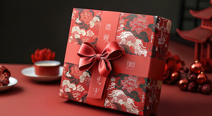 Poster - Design a Chinese New Year universal gift box packaging with Chinese traditional elements. Generative AI.