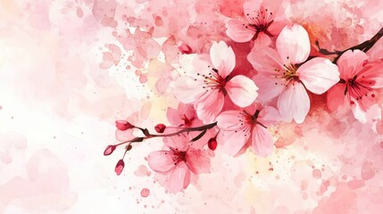 Wall Mural - Beautiful cherry blossom flower watercolor splashes background, invitation wedding card, AI generated