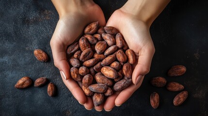 Top view woman hands holding brown cocoa beans isolated on dark background