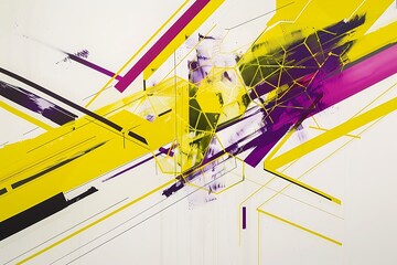 Wall Mural - minimalist abstract piece with bold lines and hexagons in vivid hues of yellow and purple, creating 