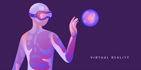 Poster - VR technology. Virtual reality headset. Abstract 3D glasses for human game experience. Cyberpunk simulator. Augmented experience. Cyber innovation. Vector graphic cyberspace concept