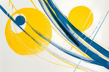 Wall Mural - minimalist abstract piece with bold lines and circles in vivid yellow and blue, creating a sense of 
