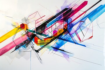 Wall Mural - minimalist abstract piece with bold lines and hexagons in vivid colors, creating a sense of movement