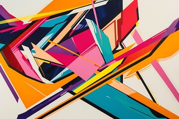 Wall Mural - minimalist abstract piece with bold lines and pentagons in vivid colors, creating a sense of movemen