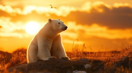 Wall Mural - Animal wildlife photography polar bear with natural background in the sunset view, AI generated