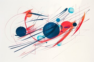 Wall Mural - minimalist abstract piece with bold lines and circles in bright red and blue, arranged to create a d