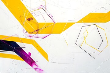 Wall Mural - minimalist abstract piece with bold lines and hexagons in vivid hues of yellow and purple, creating 