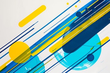 Wall Mural - minimalist abstract piece with bold lines and circles in bright blue and yellow, arranged to create 
