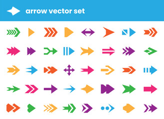 Poster - Arrow stickers. Pointer icons. Simple round button. Modern web forward symbols. UI app cursor. Navigation pin. Straight or curve shapes. Digital next or play elements. Vector design set