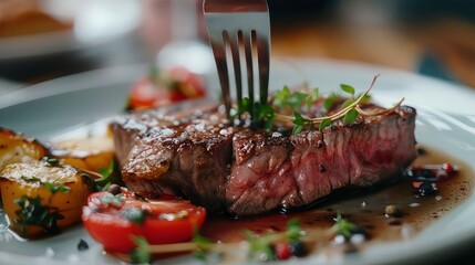 A close-up shot of a juicy steak with a fork impaling it, surrounded by roasted vegetables and herbs, all resting on a white plate.