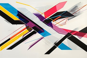 Wall Mural - minimalist abstract piece with bold lines and hexagons in vivid colors, creating a sense of movement