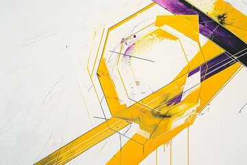 Wall Mural - minimalist abstract piece with bold lines and hexagons in vivid hues of yellow and purple, creating 