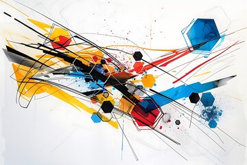 Wall Mural - minimalist abstract piece with bold lines and hexagons in vivid colors, creating a sense of movement