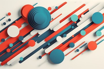 minimalist abstract piece with bold lines and circles in bright red and blue, arranged to create a d
