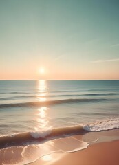 Wall Mural - A serene ocean landscape with calm, rippling waves reflecting the warm, pastel-colored sky and bright sun in the distance, vertical stories social influencer format