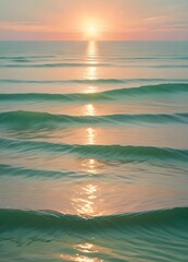 Wall Mural - A serene ocean landscape with calm, rippling waves reflecting the warm, pastel-colored sky and bright sun in the distance, vertical stories social influencer format