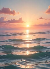 Wall Mural - A serene ocean landscape with calm, rippling waves reflecting the warm, pastel-colored sky and bright sun in the distance, vertical stories social influencer format