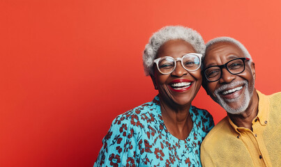 Smiling black senior couple, isolated red color background, image with space for text