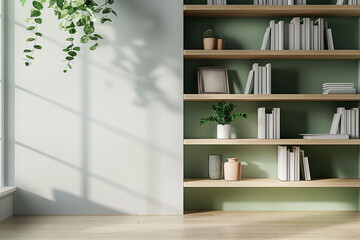 Office interior backdrop for online meetings. Light home office setting bookshelves background. Minimalist online workspace aesthetics. Video conferencing room design in pastel tones.