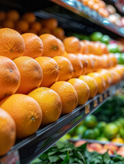 Wall Mural - Rows of fresh oranges on display at a grocery store.