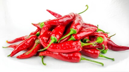 Red hot pepper pods lie in a pile. Red chili pepper isolated on white background.