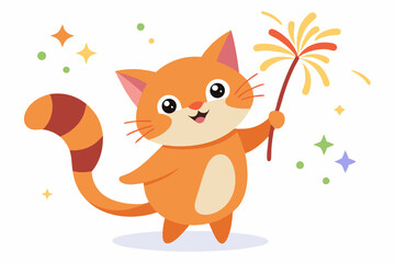 Wall Mural - Cute Cat Playing Fireworks Cartoon Vector Icon Illustration