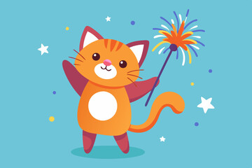 Wall Mural - Cute Cat Playing Fireworks Cartoon Vector Icon Illustration