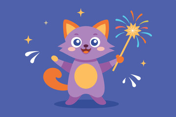 Wall Mural - Cute Cat Playing Fireworks Cartoon Vector Icon Illustration