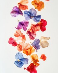 Poster - Abstract composition of various flower petals scattered artistically on a white background, creating a vibrant color palette