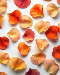Poster - An abstract arrangement of flower petals scattered with artistry on a white backdrop, forming a lively burst of colors.
