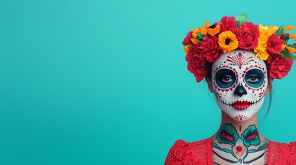 design banner for the day of the dead with mexican painted woman face for websites or social media, background cards invitation wallpaper sticker decoration free space for text