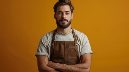 Young man in a brown apron stands confidently against a yellow backdrop in a casual pose