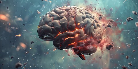 Poster - A brain is exploding with red and black fire. The brain is surrounded by a cloud of debris