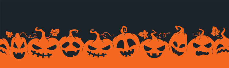 Wall Mural - Halloween pumpkin seamless banner. Spooky squash lanterns silhouettes, scary jack-o-lanterns halloween flat vector background illustration. Halloween holiday party endless poster