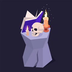 Isometric podium with skull. Magic witchcraft elements, spellbook and magical candles 3d vector symbols illustration. Halloween magic tools