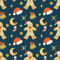 Wall Mural - Merry Christmas holiday. Cute Christmas characters gingerbread man and sock with gifts, vector seamless pattern, for fabric, textile and wallpaper