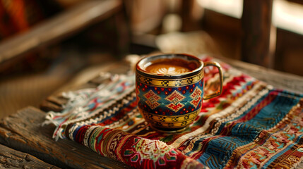 Traditional beverage in an ornate cup, on a handwoven cloth on a wooden table