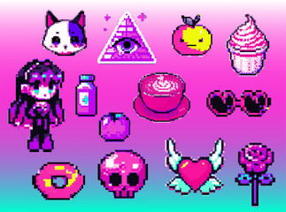 Poster - Big collection of pixel art stickers with cute lovely illustrations of anime girl, heart, sunglasses, coffee cup, etc. 