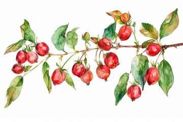 Sticker - Watercolor Illustration of Fresh Dog Rose Branch with Red Berries and Green Leaves on White Background