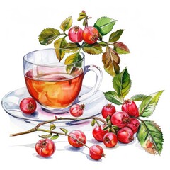 Watercolor Illustration of Fresh Rosehip Tea with Ripe Briar Fruits on White Background