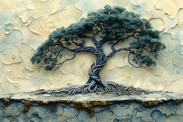 A whimsical, fantastical tree with intricate knotwork details, set against a soft, muted background.