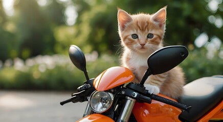 Wall Mural - funny kitten on a scooter, kitten enjoying a joyful scooter journey